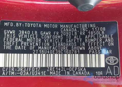 2009 Toyota Corolla S z USA, uszkodzony, nr VIN 2T1BU40E39C160781